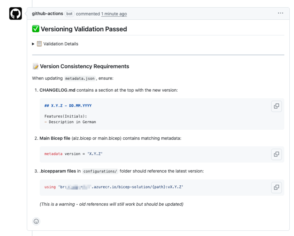 PR comment from the version check: validation passed, with the version consistency requirements