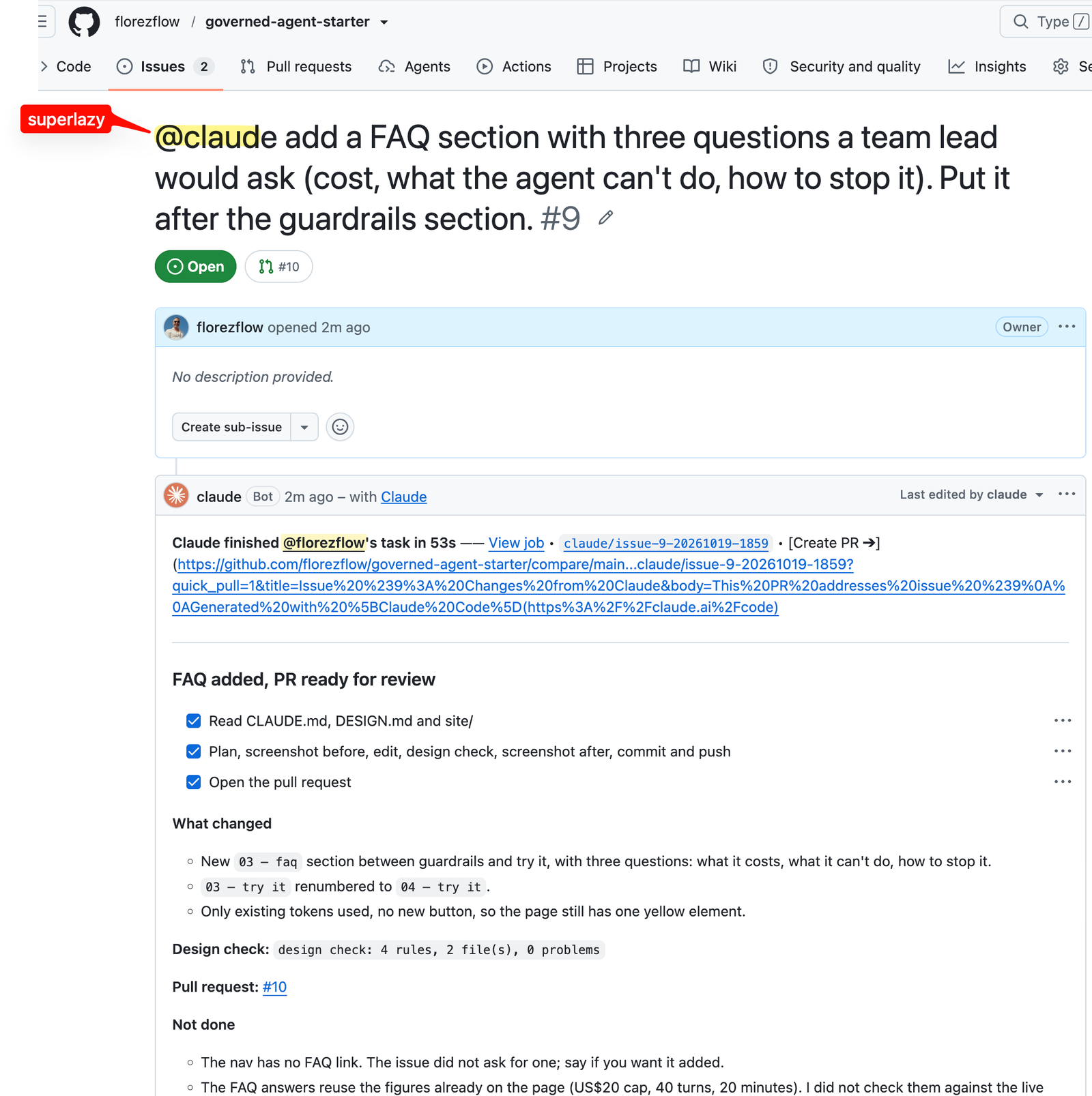 Issue #9: the whole instruction is the title. Claude's comment lists what it did, the design check result and what it left out
