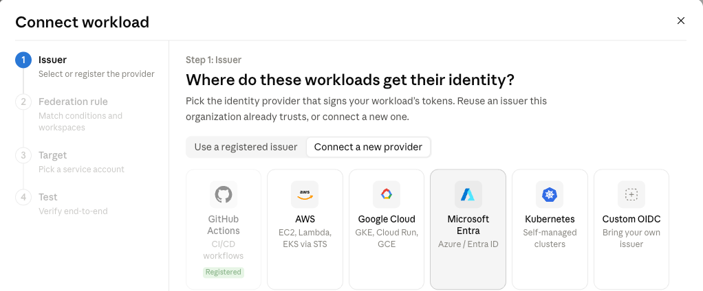 The Connect workload wizard: GitHub Actions, AWS, Google Cloud, Microsoft Entra, Kubernetes or any OIDC issuer