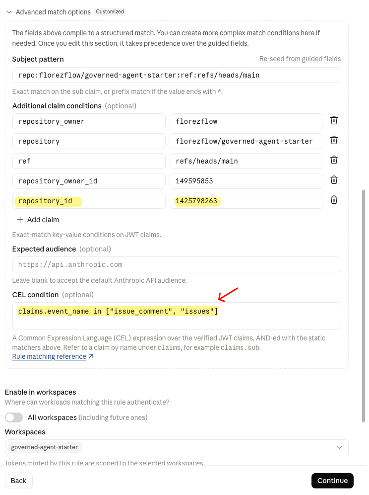 Advanced match options: the prefilled subject (which didn't match my tokens), the repository_id claim and the CEL condition on the event
