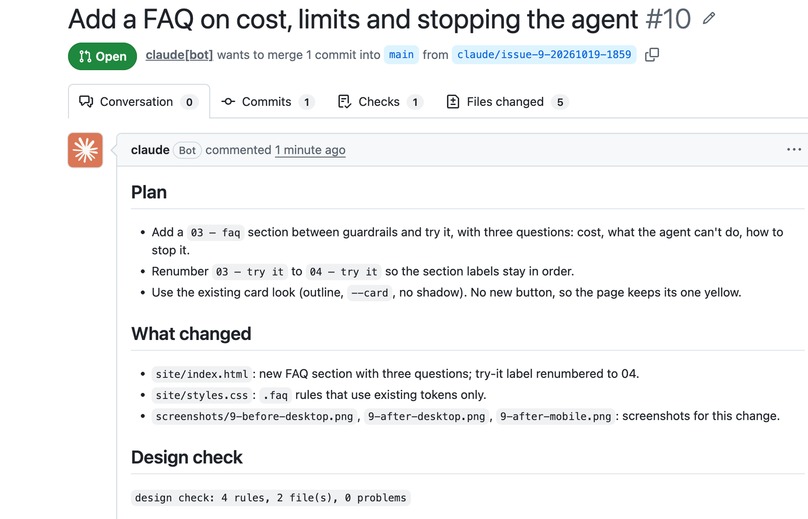 Pull request #10, opened by Claude: plan, what changed, design check