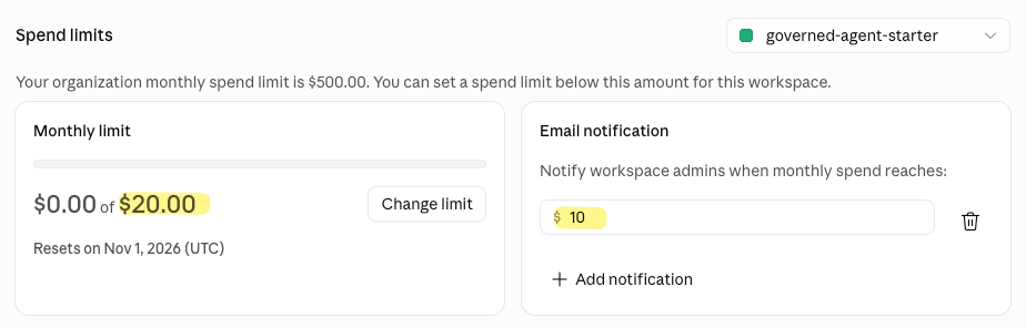 The agent's workspace: US$20 a month, an email to the admins at US$10